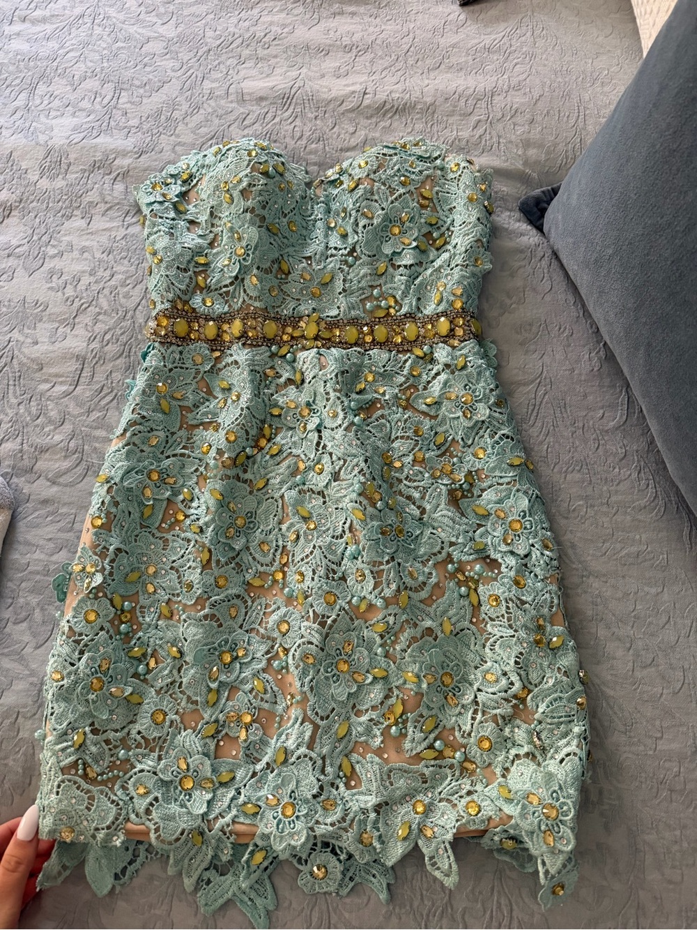 Strapless blue Lace Cocktail Dress with Beaded Waist